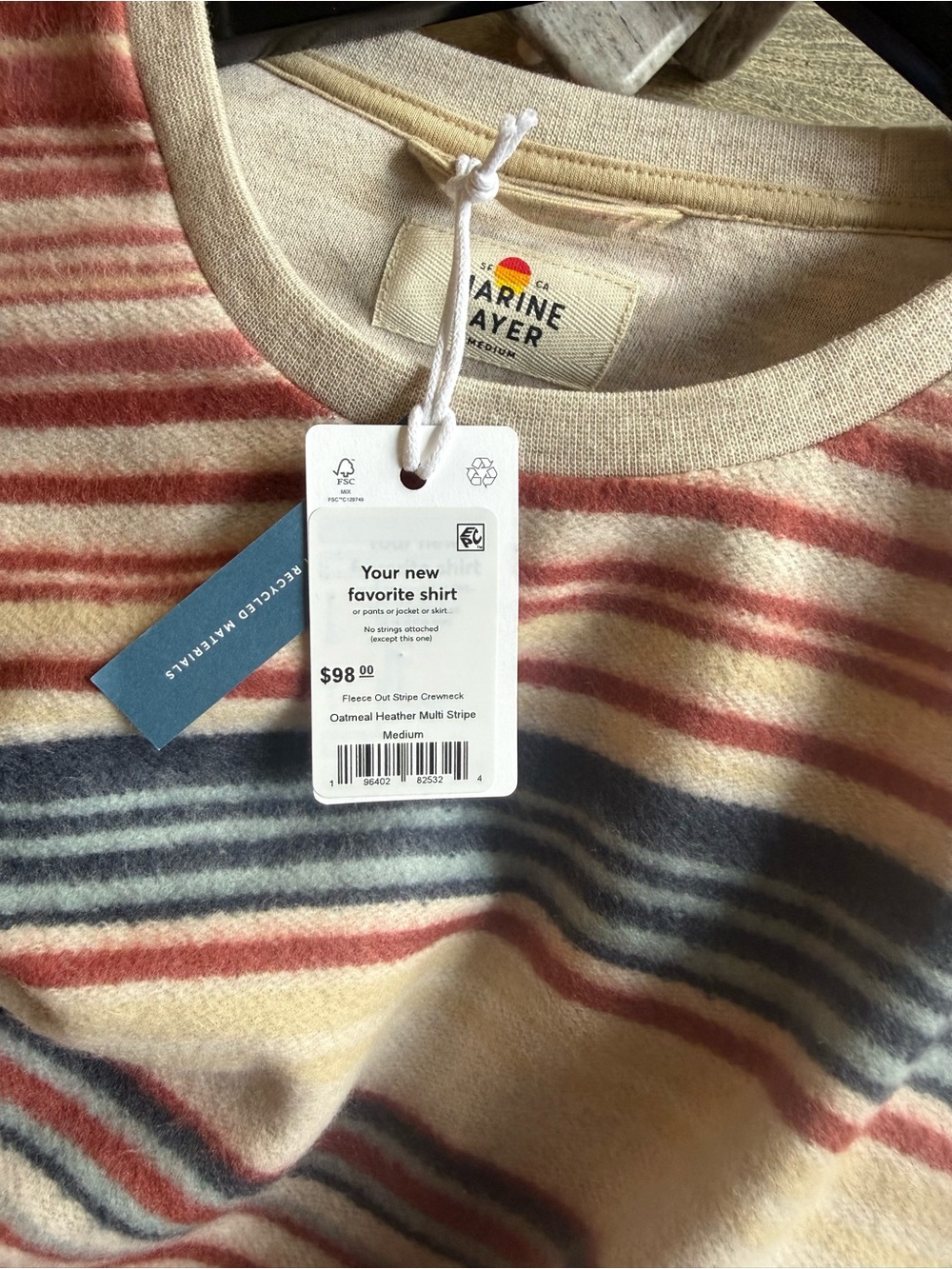 NWT Marine Layer Fleece Out Crewneck Sweatshirt in Oatmeal Multi-Stripe - Picture 6 of 11